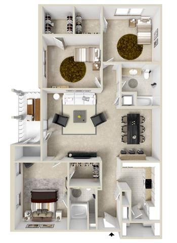 Three Bedroom, Two Bathroom Floor Plan at Reserve at Park Place Apartment Homes, Hattiesburg, Mississippi