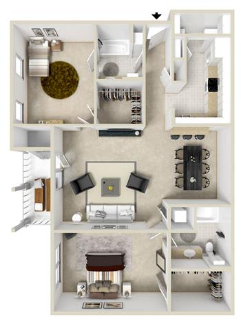 Two Bedroom, Two Bathroom A Floor Plan at Reserve at Park Place Apartment Homes, Hattiesburg, MS, 39402