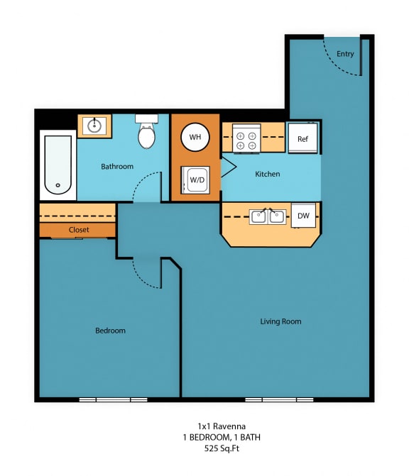 1x1b Floor Plan at Guinevere Apartment Homes, Washington