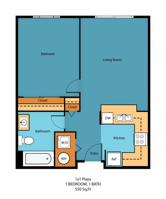 1x1d Floor Plan at Guinevere Apartment Homes, Seattle, WA, 98103