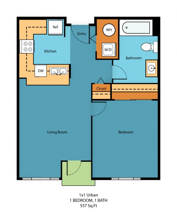 1x1f Floor Plan at Guinevere Apartment Homes, Seattle, 98103