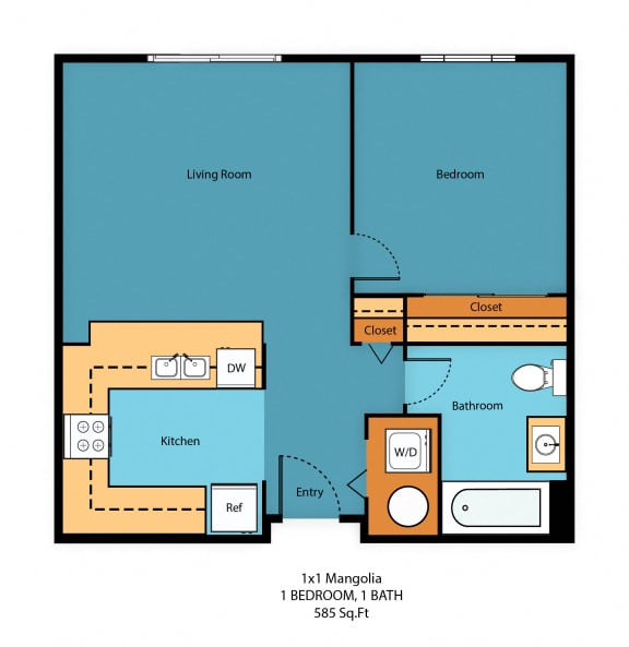 1x1f Floor Plan at Guinevere Apartment Homes, Seattle, WA