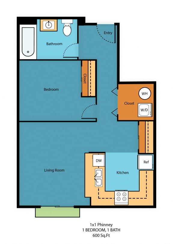 1x1m Floor Plan at Guinevere Apartment Homes, Seattle, 98103