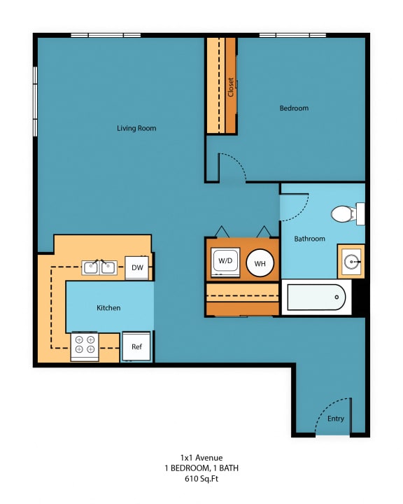 1x1n Floor Plan at Guinevere Apartment Homes, Seattle, Washington