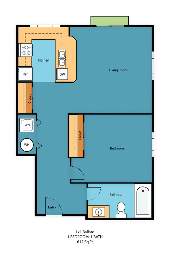 1x1o Floor Plan at Guinevere Apartment Homes, Seattle
