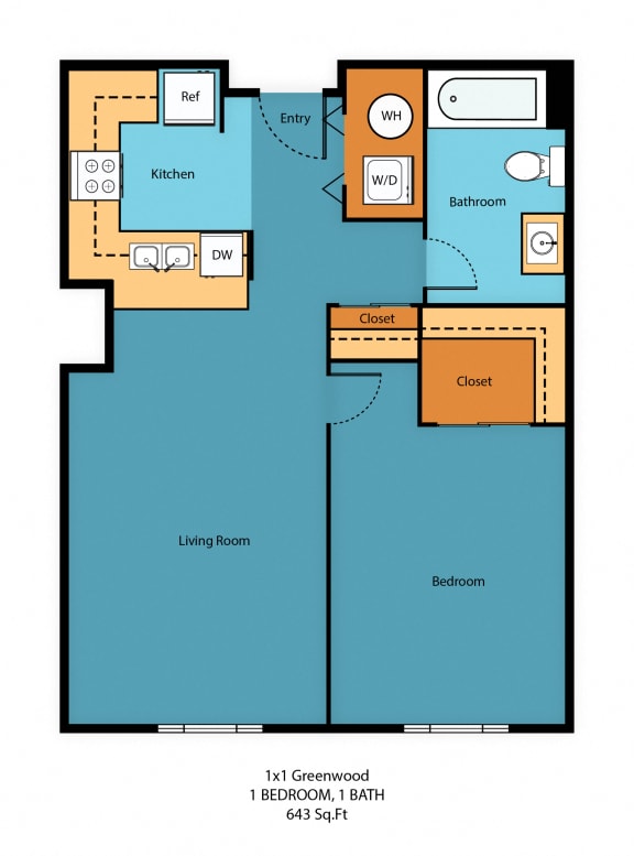 1x1r Floor Plan at Guinevere Apartment Homes, Seattle, WA, 98103