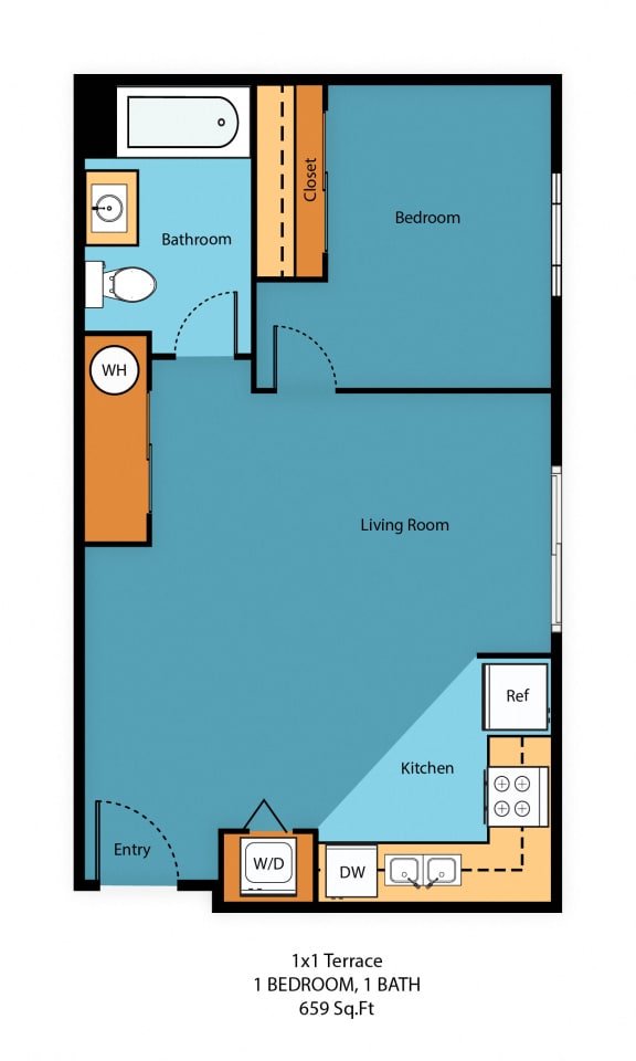 1x1t Floor Plan at Guinevere Apartment Homes, Seattle, 98103
