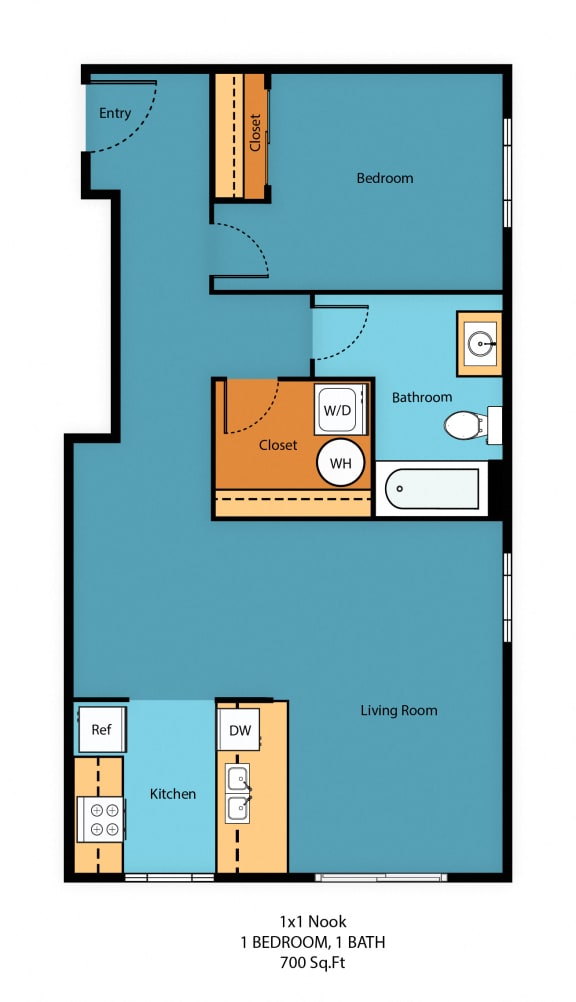 1x1w Floor Plan at Guinevere Apartment Homes, Washington