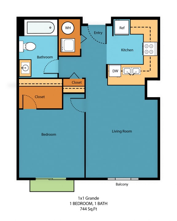 1x1y Floor Plan at Guinevere Apartment Homes, Seattle, WA, 98103
