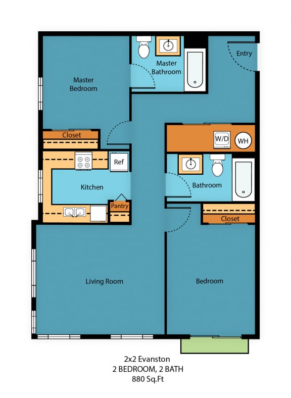 2x2g Floor Plan at Guinevere Apartment Homes, Seattle, 98103