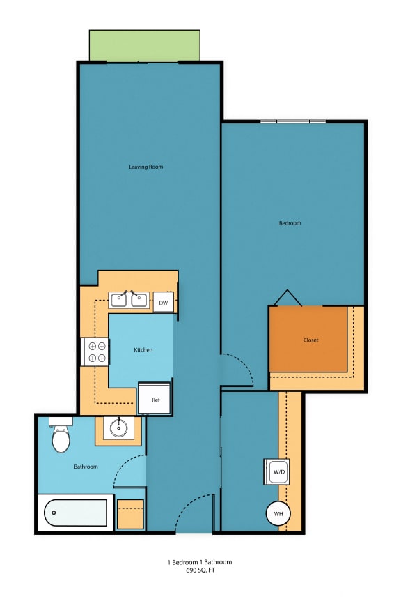 1x1g Floor Plan at Promenade at the Park Apartment Homes, Seattle, WA, 98125