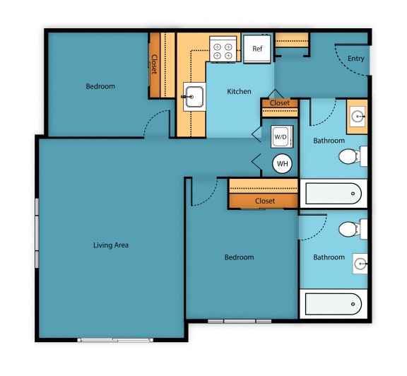 Two Bedroom Two Bath Floor Plan at Sir Gallahad Apartment Homes, Bellevue, WA