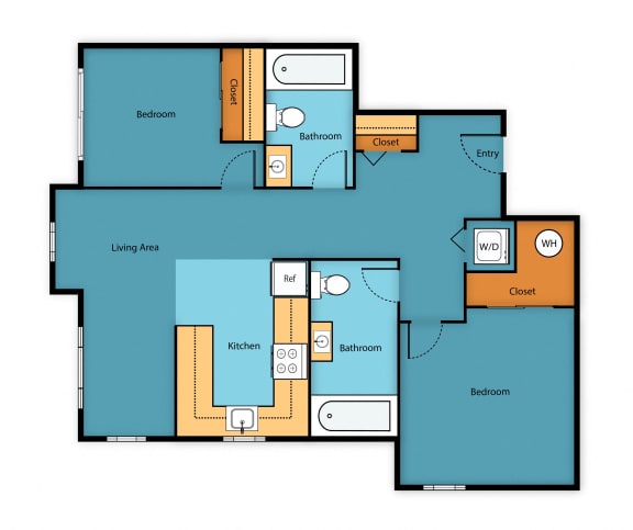 Two Bedroom Two Bath Floor Plan at Sir Gallahad Apartment Homes, Bellevue, 98004