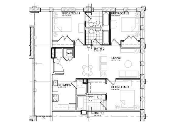 A floor plan of a house with three bedrooms, a living room, a kitchen, and three bathrooms.