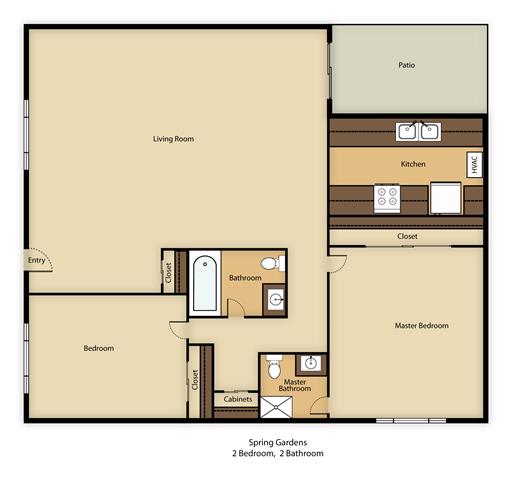 A floor plan of a Spring Gardens 2 Bedroom, 2 Bathroom apartment.