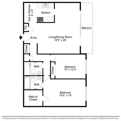 2Bed 2Bath T Floor Plan at Gates Mills Place Apartments, Ohio
