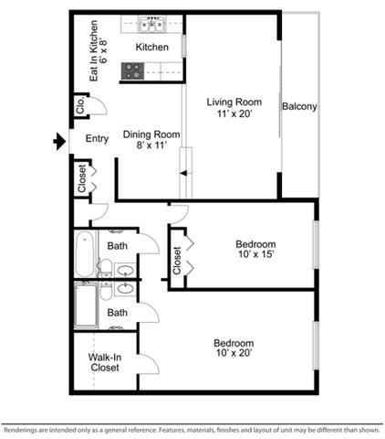 2Bed 2Bath U Floor Plan at Gates Mills Place Apartments, Ohio, 44124