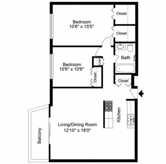 2 Bed 1 Bath Floor Plan at Trinity Towers Apartments, Bedford Heights, 44146