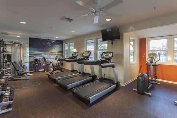 a gym with cardio equipment and a flat screen tv