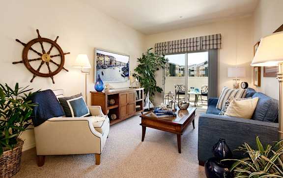 family room at Sumida Gardens Apartments, California