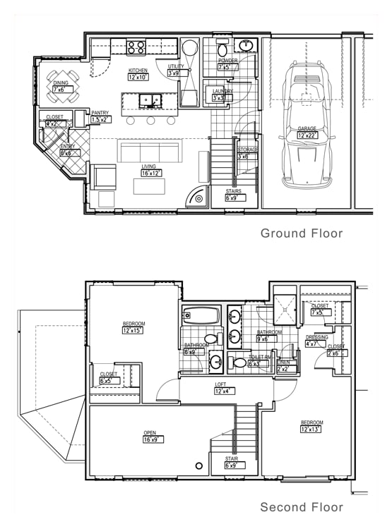 Two Bedroom Townhouse Floor Plan