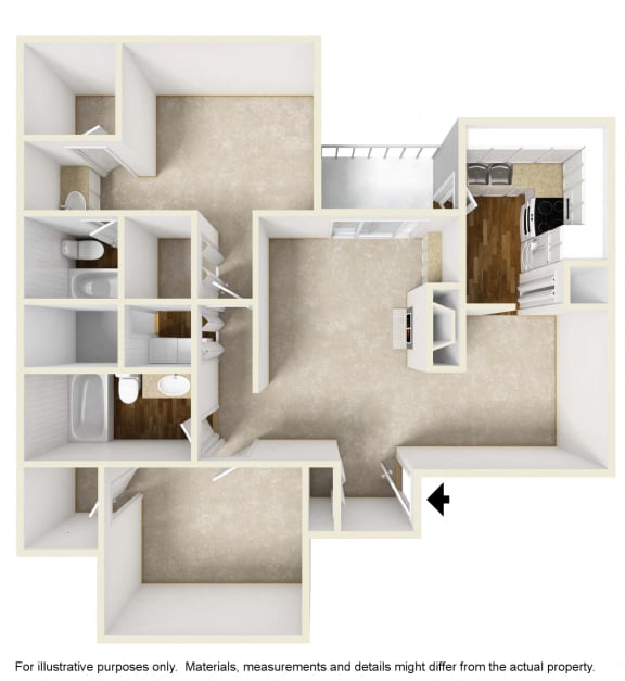 B2 Floor Plan (Unfurnished) at Preston Villas Apartment Homes, Dallas, Texas, TX