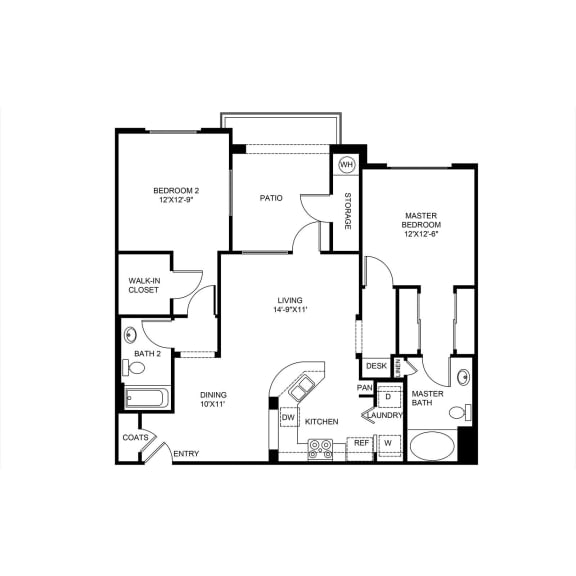 Magnolia 1127 - 2 Bedroom 2 Bath Floor Plan Layout - 1127 Square Feet