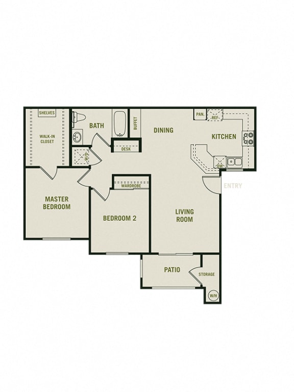 The Oxford - 2 Bedroom 1 Bath Floor Plan Layout - 926 Square Feet