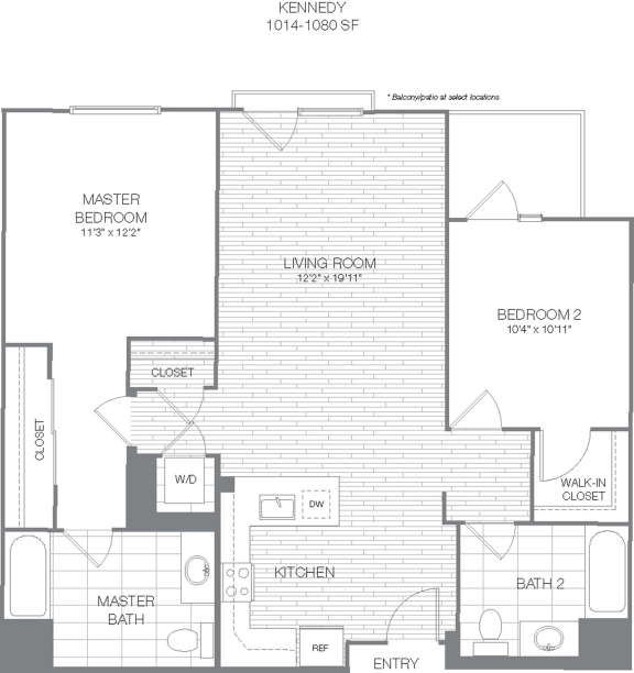 Kennedy - 2 Bedroom 2 Bath Floor Plan Layout - 1047 Square Feet