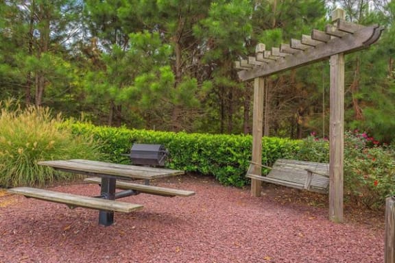 Wooden bench swing near picnic table and grill  at Centerville Manor Apartments, Virginia Beach, Virginia