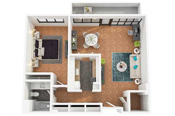 A top down view of a large apartment with a kitchen, living room, and bathroom.