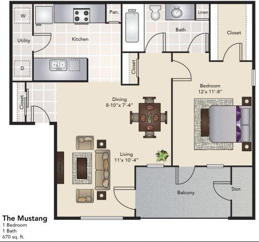 1 bed 1 bath floorplan C at Southgate Glen, Weatherford, Texas