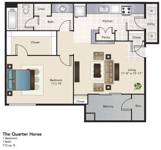 1 bed 1 bath floorplan D at Southgate Glen, Weatherford