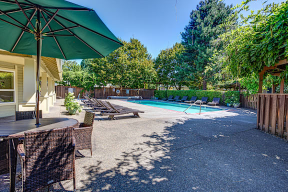 Pool side patio at Commons at Hawthorn Village Apartments, Hillsboro, Oregon