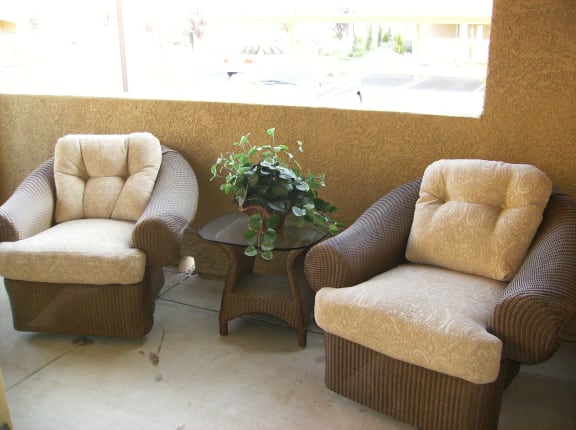 Patio with 2 chairs Castellino at Laguna West Elk Grove CA apts for rent