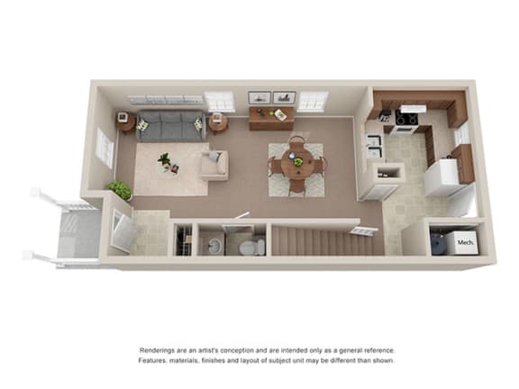Lower level floor layout for townhomes at Ashley Midtown in Savannah, Georgia