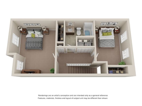 Upper level floor layout for townhomes at Ashley Midtown in Savannah, Georgia