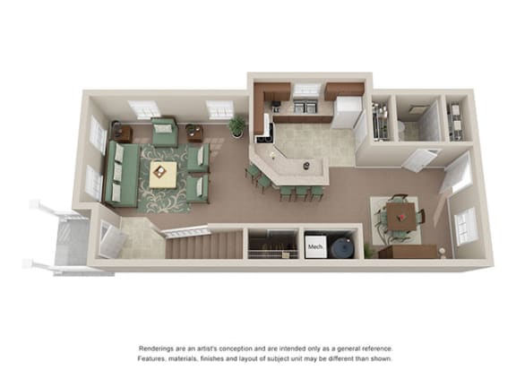 Lower level floor layout for townhomes at Ashley Midtown in Savannah, Georgia