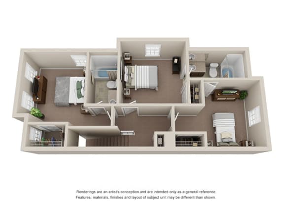 Upper level floor layout for townhomes at Ashley Midtown in Savannah, Georgia
