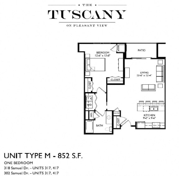 Unit M Floor Plan at The Tuscany on Pleasant View, Madison, WI, 53717