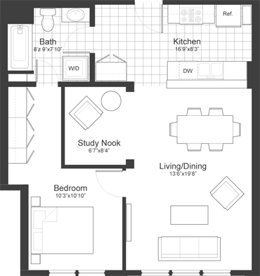 1 Bedroom 1 Bath Floor Plan at Park87, Cambridge, 02138