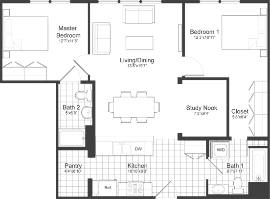 2 Bedroom Plus Floor Plan at Park87, Cambridge,Massachusetts