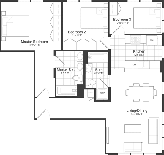 3 Bedroom 2 Bathroom Floor Plan at Park87, Cambridge