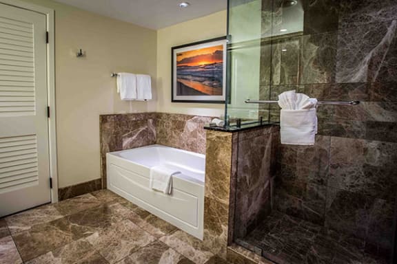 Convenient bathroom with tub bathtub and shower