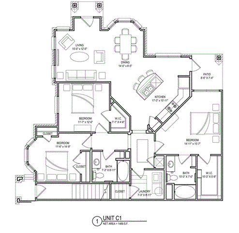 3 bed 2 bath B Floor Plans at Audubon Park Apartment Homes, Louisiana