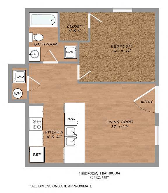 1 Bedroom 1 Bath Floor Plan at The Talon, Denton, 76209