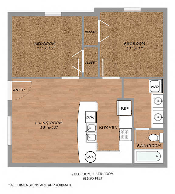 2 Bed 1 Bath Floor Plan at The Talon, Denton