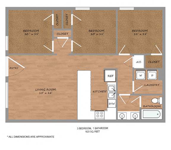 3 Bed 1 Bath Floor Plan at The Talon, Texas