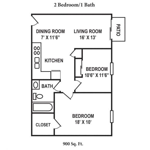 2 bed 1 bath floor plan at Crown Ridge Apartments, Franklin, OH