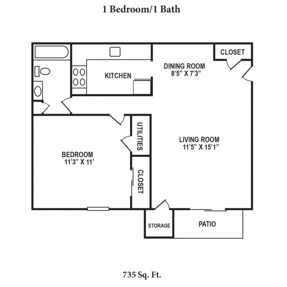 1 bed 1 bathroom floor plan B at Oakwood Apartments, Florence, KY, 41042